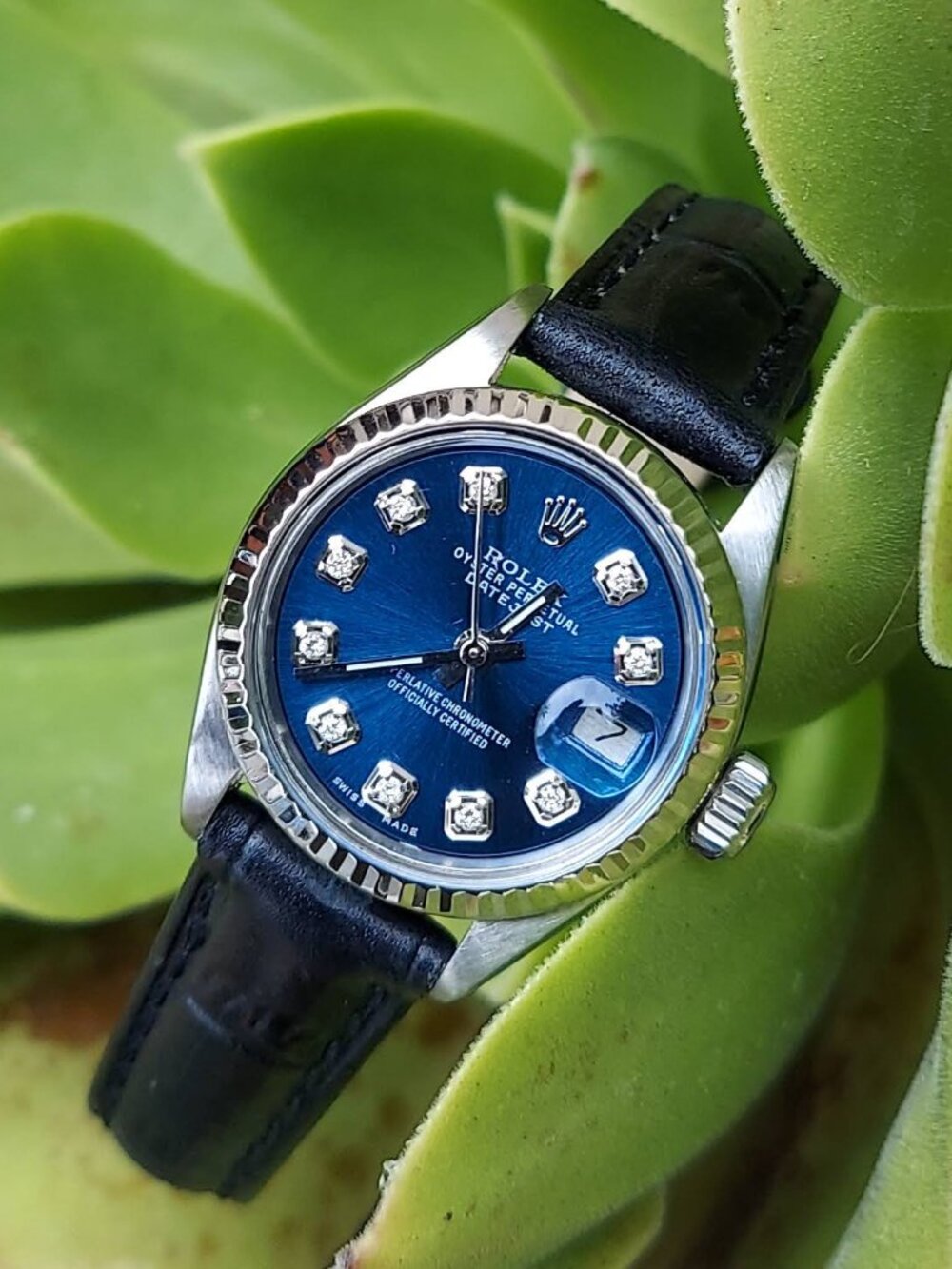 Rolex Ladies Datejust 26mm steel blue fluted diamond on black leather strap